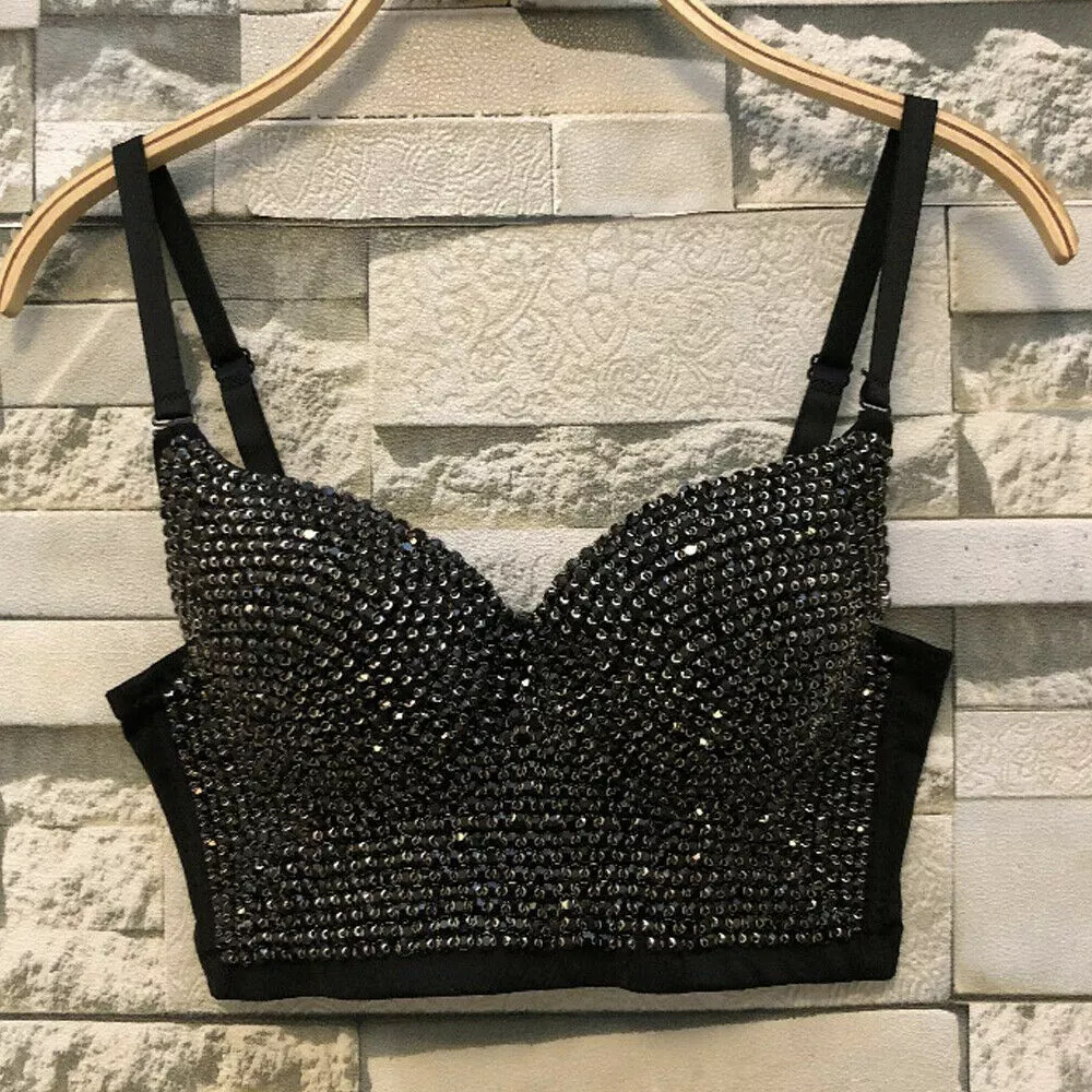 Vintage Corset Bustier Crop Top Rhinestone Bustier Bra Padded Push Up  Bralette