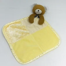 Kids II Lovey Plush Brown Bear Blue Bow Yellow Blanket Textured Satin Vintage