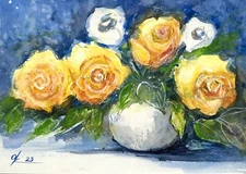 Original Painting Yellow roses in a vase still life abstract Watercolor A4