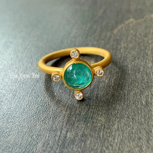 18K Solid Yellow Gold Diamond 1.23CT Emerald Cabochon Bezel Ring Size 5 - Picture 3 of 9