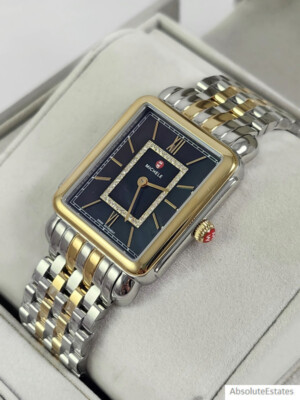 NEW Michele Deco II Two Tone Gold Silver Navy Blue Diamond Watch