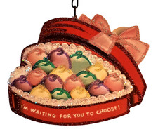 HEART SHAPED BOX of CANDIES, CHOCOLATES * VALENTINE * Glitter ORNAMENT Vtg Img