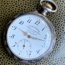 1907 Longines Niello Case Art Nouveau Private Label .900 Silver Pocket Watch