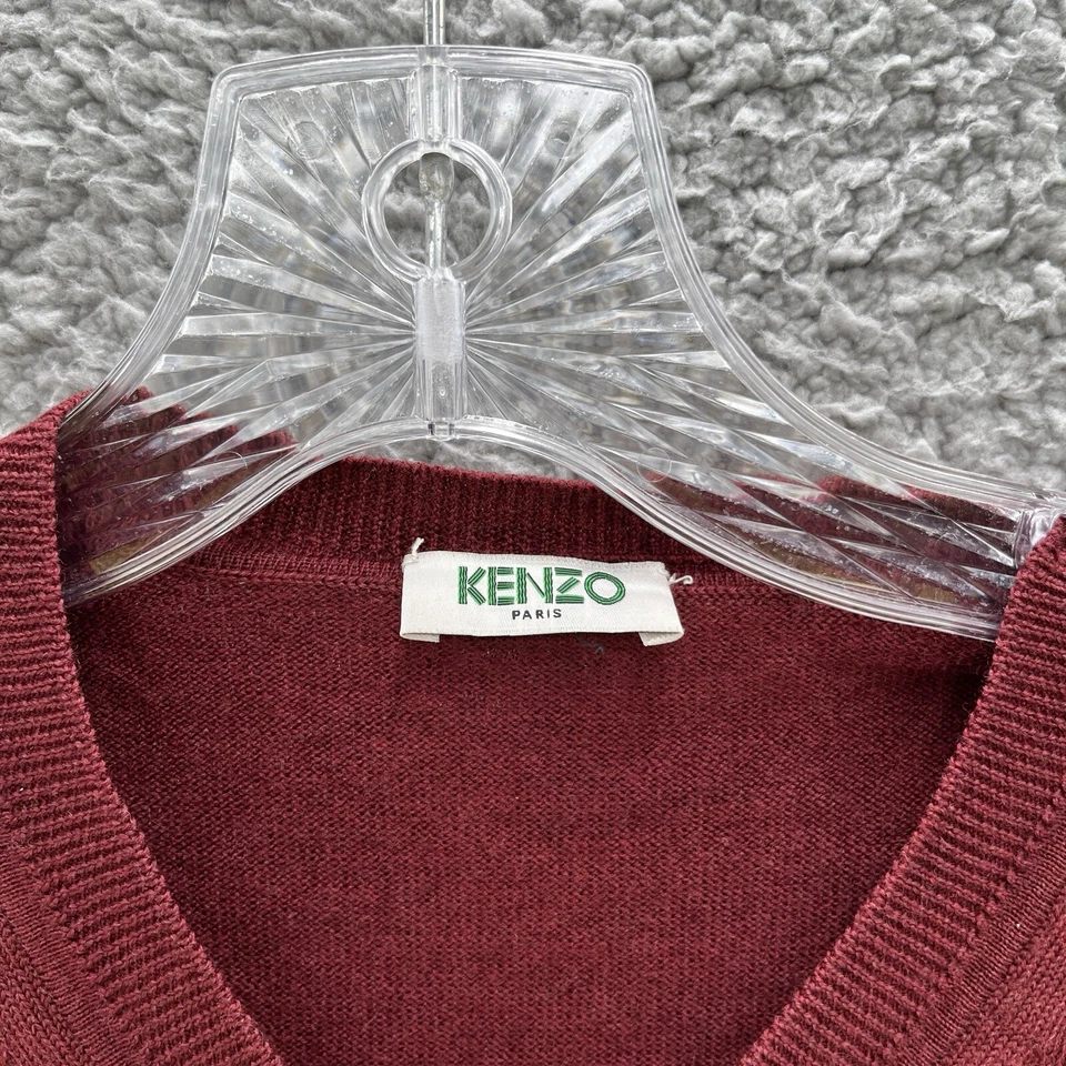 Suéter Kenzo Para Hombres Pequeño Borgoña Lana Bordado Logo Clásico Cuello en V Pullover Foto 3 de 4