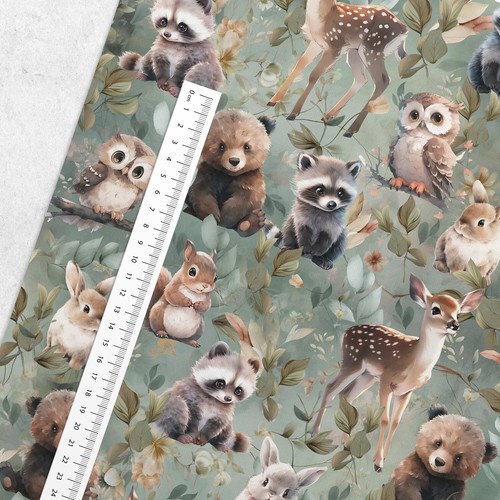 Baumwolle Baumwollstoff Patchwork Waldtiere Hase Rehkitz Fuchs Eule Grün - Bild 2 von 5