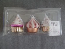 3 Jingles & Joy Blown Glass Cupcake Ornaments with Box