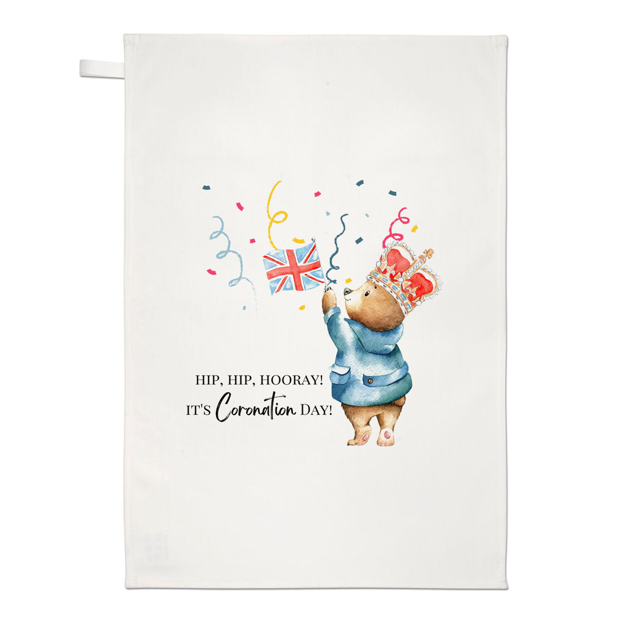 Hip Hip Hooray Coronation Bear Tea Towel King Charles III 6th May 2023 Emblem