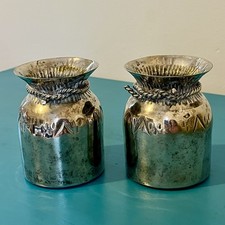 Vintage Silverplate Money Sack Vases Pair Rope Tie 4.5” Unmarked Mid Century