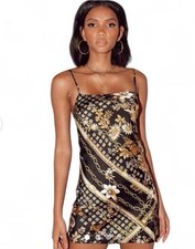 PRINCESS POLLY BLACK AND GOLD PATTERN MINI DRESS VERSACE STYLE SIZE XS