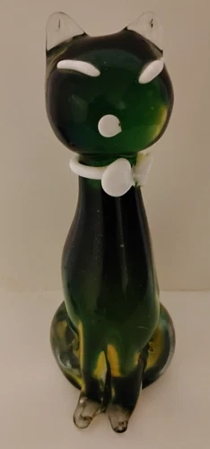 Vintage Murano Barbini Green Art Glass Sommerso Technique Cat Figurine