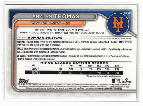 2024 1st Bowman Chrome ORANGE Refractor RC Rhylan Thomas #BCP-217! Rookie! /25 - Picture 2 of 2