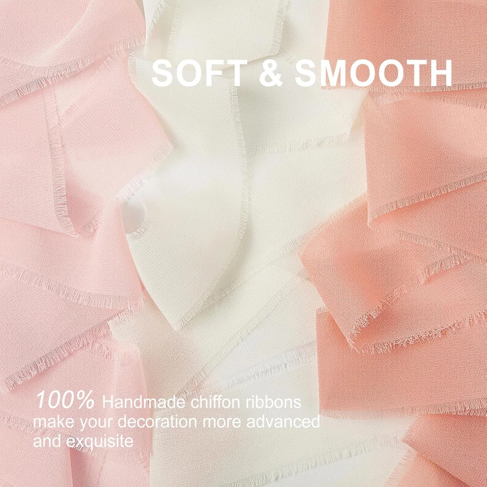 Chiffon Ribbon Pink & Ivory 1.5 Inch X 3 Rolls Total 21 Yards Handmade Silk Frin - Image 3 of 4