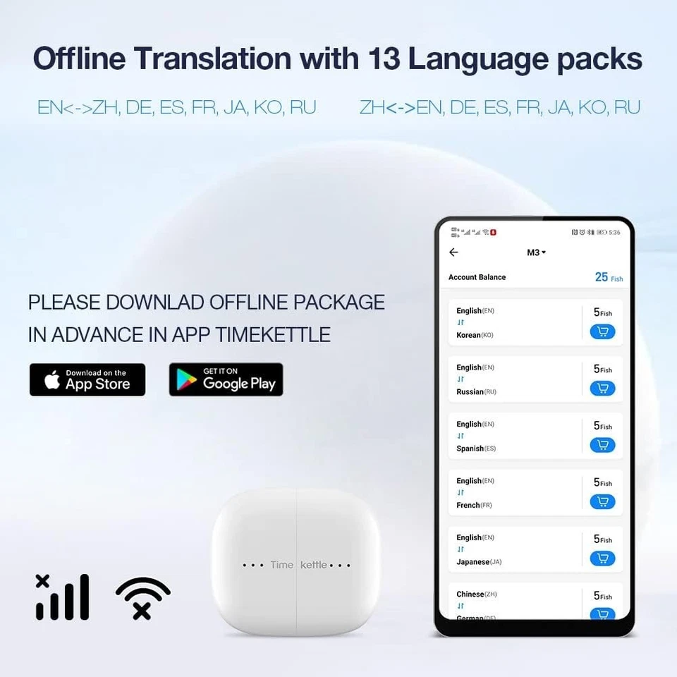 TimeKettle M3 White Bluetooth 3 In 1 Language Translator Earbuds With Manual - Image 2 of 4