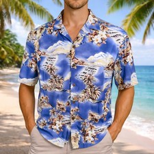 Hilo Hattie Hawaiian Aloha Shirt XL Palm Trees Outrigger Boats Hibiscus Flowers