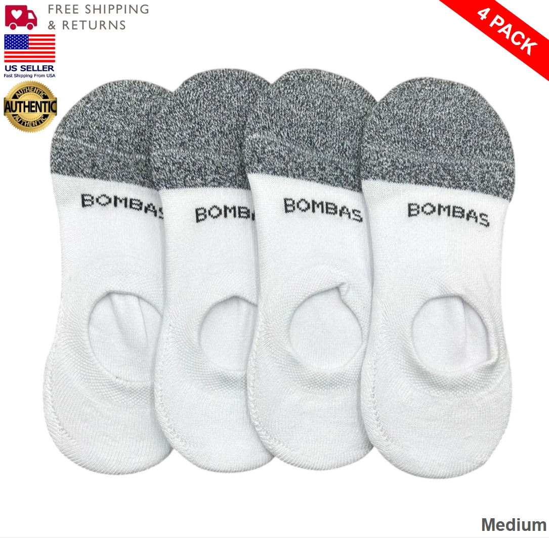 BOMBAS Women's Cushioned No Show Socks Size Everyday Med 8-10.5 White 4 Pairs
