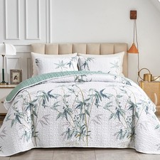 Flysheep Botanical Quilt Set Twin Green Leaves Reversible Bedspread Soft Microfi