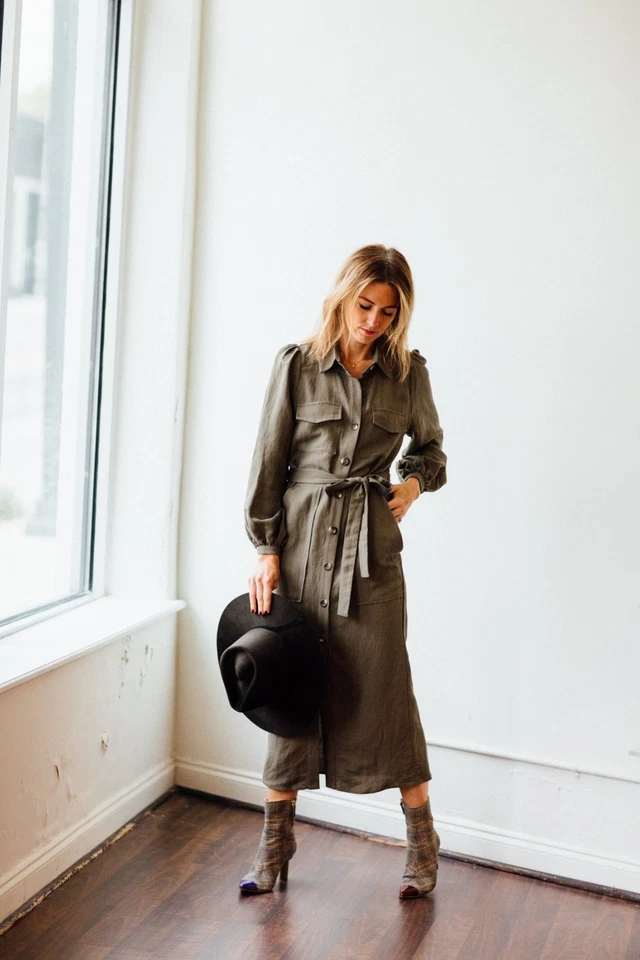 Vestido utilitario Emerson Fry verde mezcla de algodón midi lazo cintura talla pequeña Foto 2 de 4