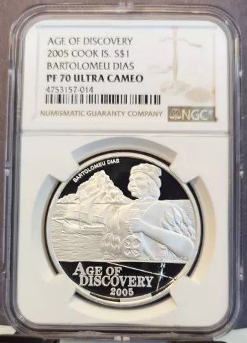 2005 COOK ISLANDS SILVER 1 DOLLAR BARTOLOMEU DIAS NGC PF 70 ULTRA CAMEO POP 1