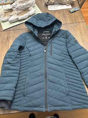 Nautica Puffer Jacket Women's XL Teal Blue Full Zip Active Stretch 1983  Hooded