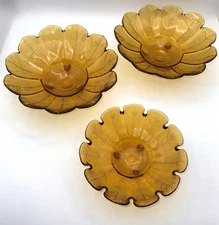 3 AMBER GLASS BOWLS Feather Petal Pattern Footed Indiana Glass MCM 1960s Vintage