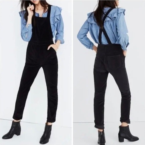 Madewell Velvet Skinny Cross Back Overalls Black Size Large - Picture 2 of 12