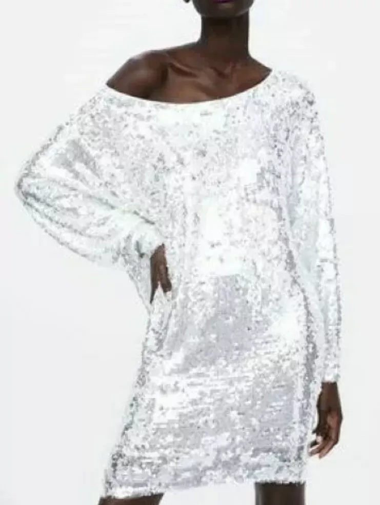 ZARA White Sequin Mini Dress Oversized Longline Top Bloggers Fav Sold Out S