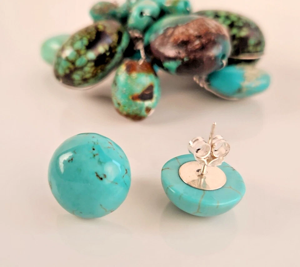 Real Solid 925 Sterling Sliver Blue Turquoise Round 14mm Stud Earrings - Image 2 of 4