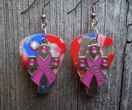 Pink Ribbon Faith Charm Guitar Pick Earrings with Surgical Steel Earwires - Picture 6 of 9