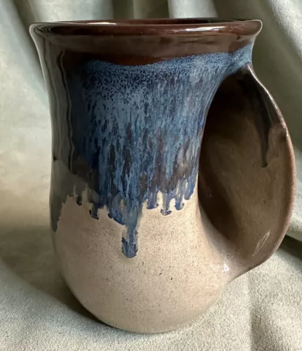 Neher Coffee Mug Art Pottery Drip Glaze 2020  Right Hand Warming Blue Brown Tan