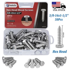 50Pcs Hex Head 3/8 x 1-1/2" Lag Bolts Plate Wood Screws Stainless Steel Screws