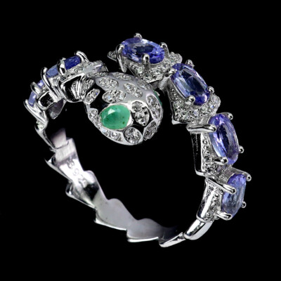925 Sterling Silver Ring Oval Tanzanite Emerald Natural Gemstone Cobra Jewelry