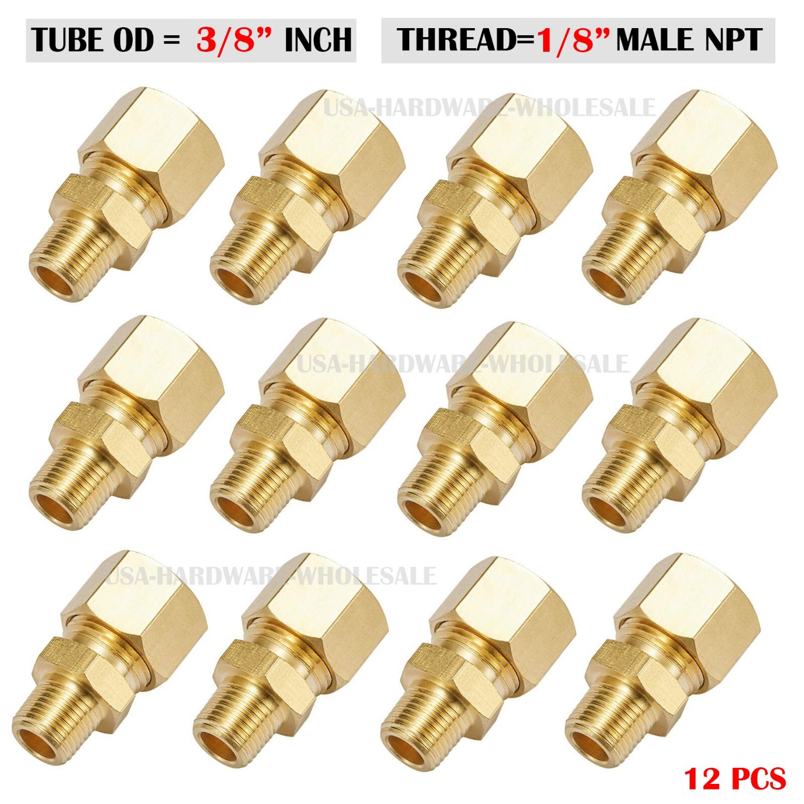 Brass Compression Tube Fitting , 3/8" OD TUBE x 1/8" NPT Male ( 12-PACK)