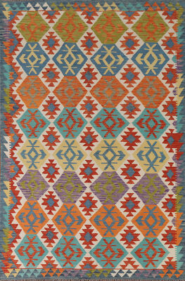 Colorful Kilim Rugs Rectangle Flatweave Pile Wool Kelim Carpets 6x8 ft