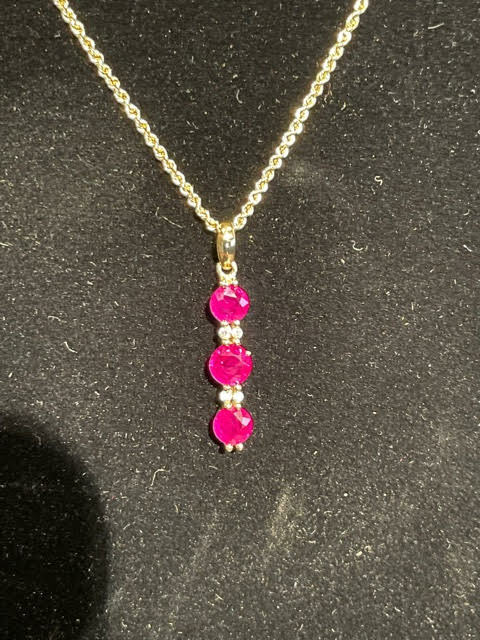 Yellow Gold, Ruby, 3 stone drop vertical pendent … - image 1