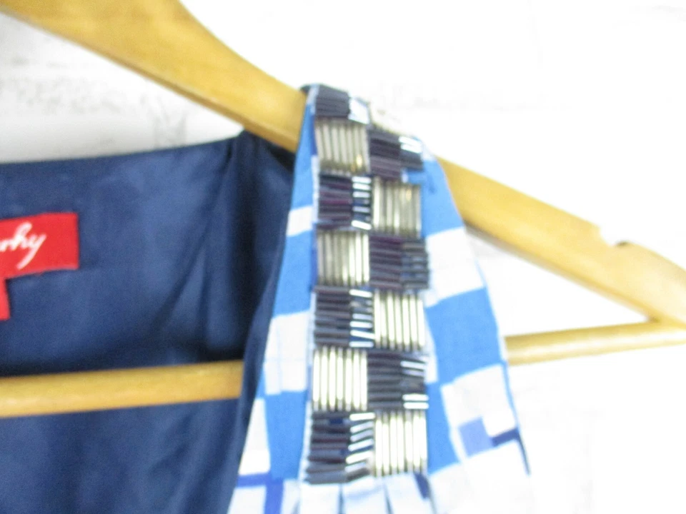 K Derhy womens a-line dress blue print silk beaded v-neck L - Image 4 of 4