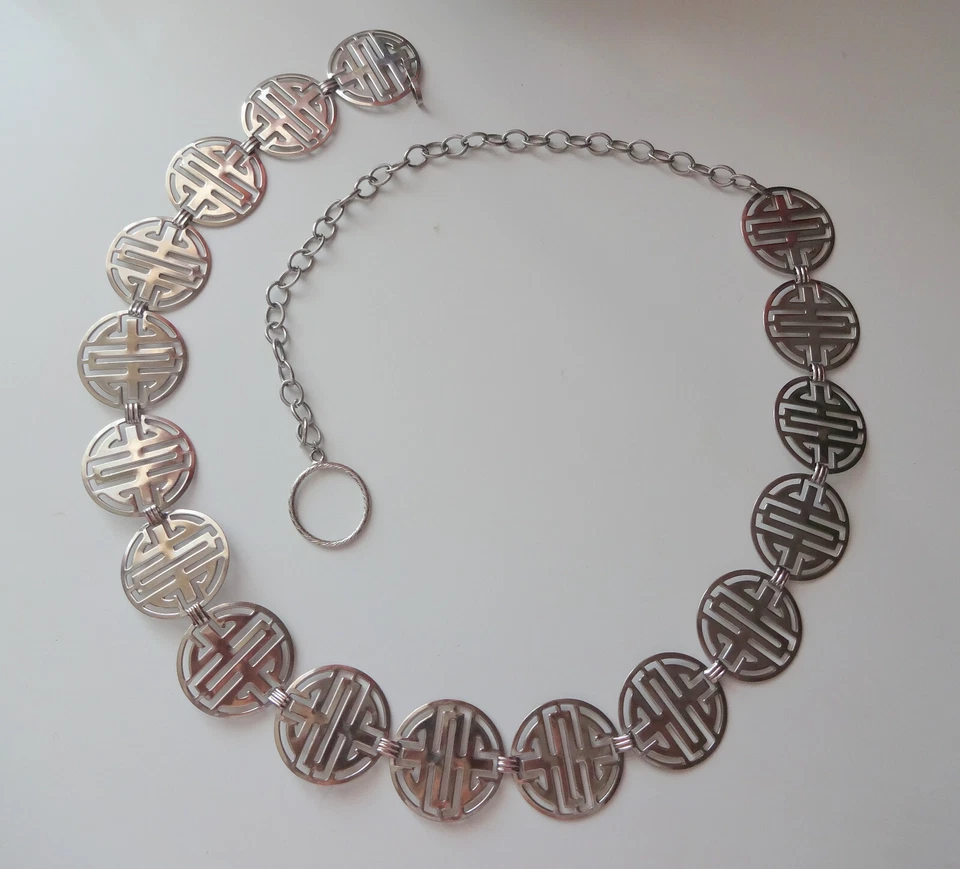 De Colección Shou Simbol Asiático Chino Pasarela Tono Plata Collar Grueso Cadena Cinturón 40" Foto 2 de 4