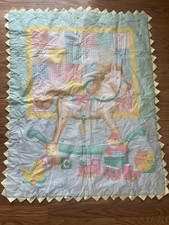 Vintage Baby Quilt Coverlet Mint Green/Yellow Rocking Horse 31.5" x 40"