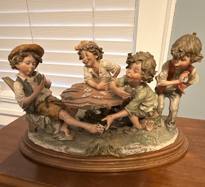 Giuseppe Armani Hand Painted Signed Figurine Kids Playing Cards Resin/Wood 1980s