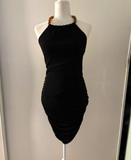 Guess Women's Black Solid Halter Bodycon Mini Dress Ruched Stretch Chain Strap S