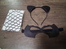 3 Piece Halloween Costume Cat Ears Mask Fishnet Stockings Black