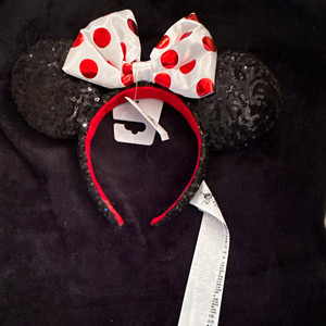 Disney Minnie Mouse Ears Headband Black Sequin Red White Polka Dot Bow