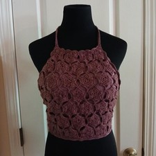 Y2K Style Purple Lined Crochet Halter Crop Top M Festival Hippie Rave Indie