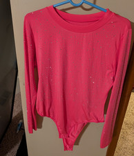 Women  s Pink Solid Rhinestone Long Sleeve Stretch Bodysuit Size M Regular