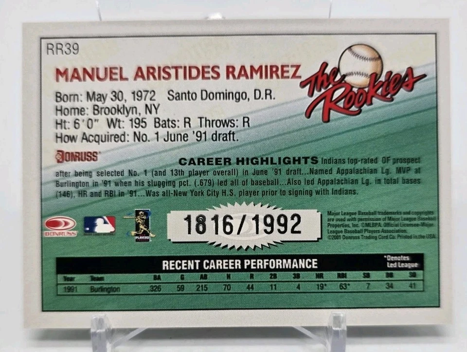 2001 Donruss 20th Anniversary MANNY RAMIREZ The Rookies Reprint /1992 Cleveland - Image 3 of 4