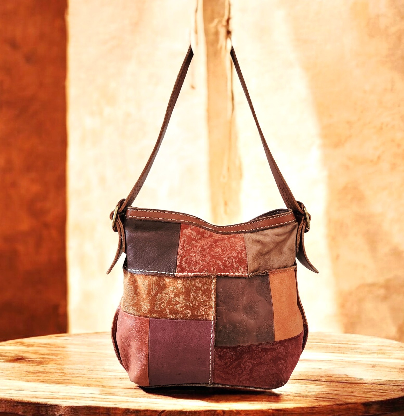 Fossil Leather Color Block Brown Patchwork handba… - image 1