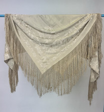 Antique 1920s flapper embroidered cream silk floral fringed square Piano Shawl