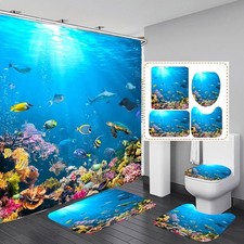 4 Pcs Bathroom Sets for Ocean Shower Curtain, Underwater World Sea Turtle Shower