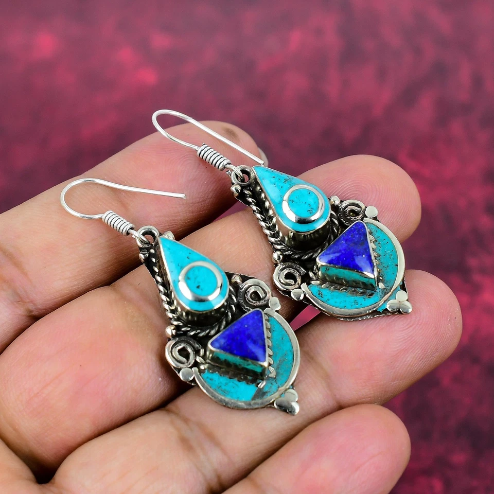 Turquoise Lapis lazuli Earrings Tibetan 925 Sterling Silver Handmade Jewelry - Image 2 of 4