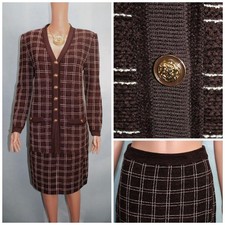 St. John Collection Brown White Jacket Skirt M L Size 10 8 2pc Suit Trim Pockets