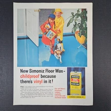 1958 Simoniz Floor Wax Vinyl Vintage Print Ad Kids in Raincoats Dog Childproof